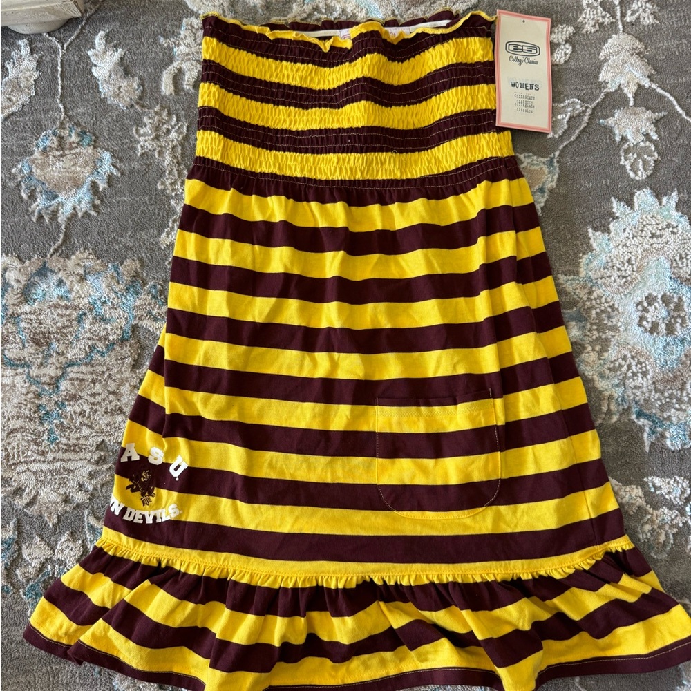 Striped maroon & gold/yellow Strapless Dress - size small ASU/Arizona State
